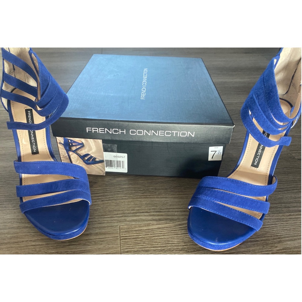 French Connection Monarch Blue Suede Multi Strap Cage Stiletto Heels Sandals 7.5 - Picture 8 of 11